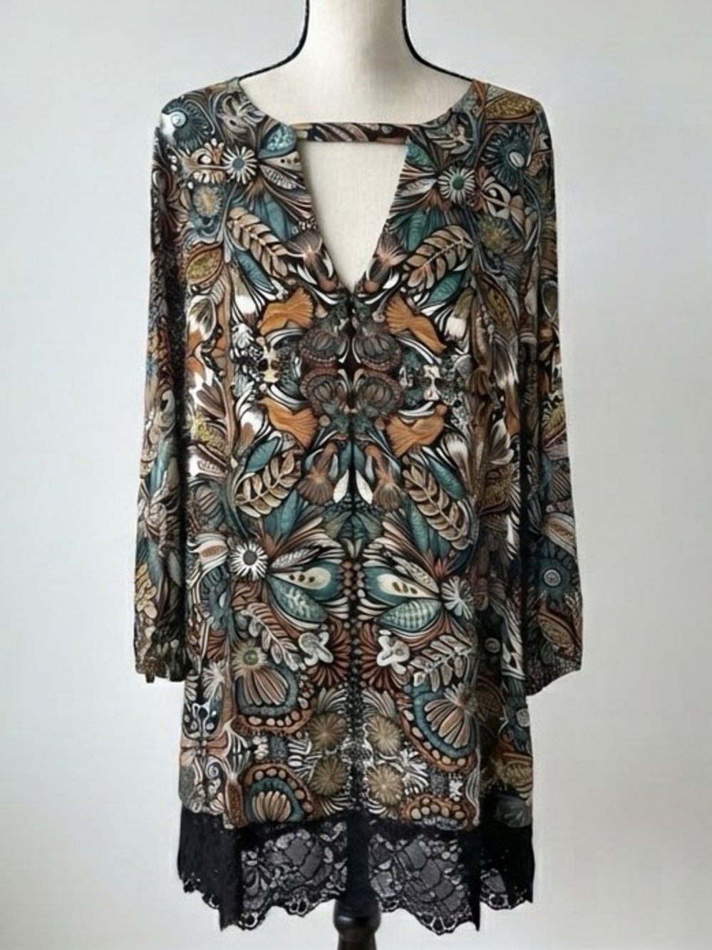 California Moonrise| Boho Floral & Bird Print Tunic Mini Dress w/Lace Hem Sz S